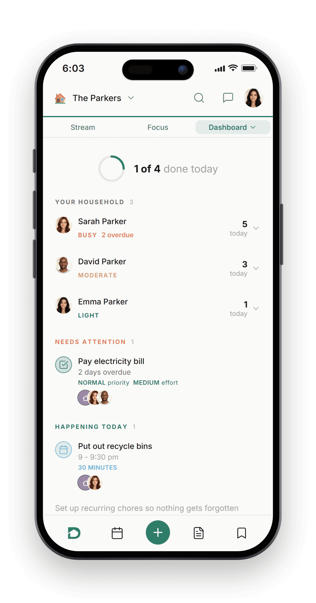 The Dame app showing the household dashboard: who has capacity today, what needs attention, and what is happening today.